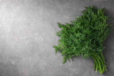 Photo of Sprigs of fresh dill on grey textured table, top view. Space for text