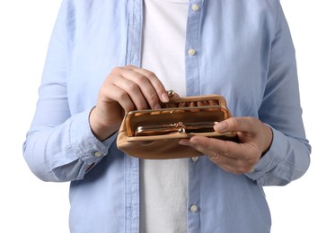 Photo of Woman with empty wallet on white background, closeup