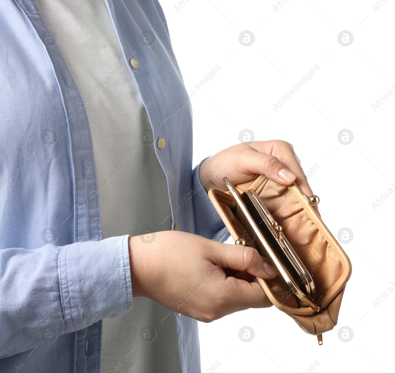 Photo of Woman with empty wallet on white background, closeup