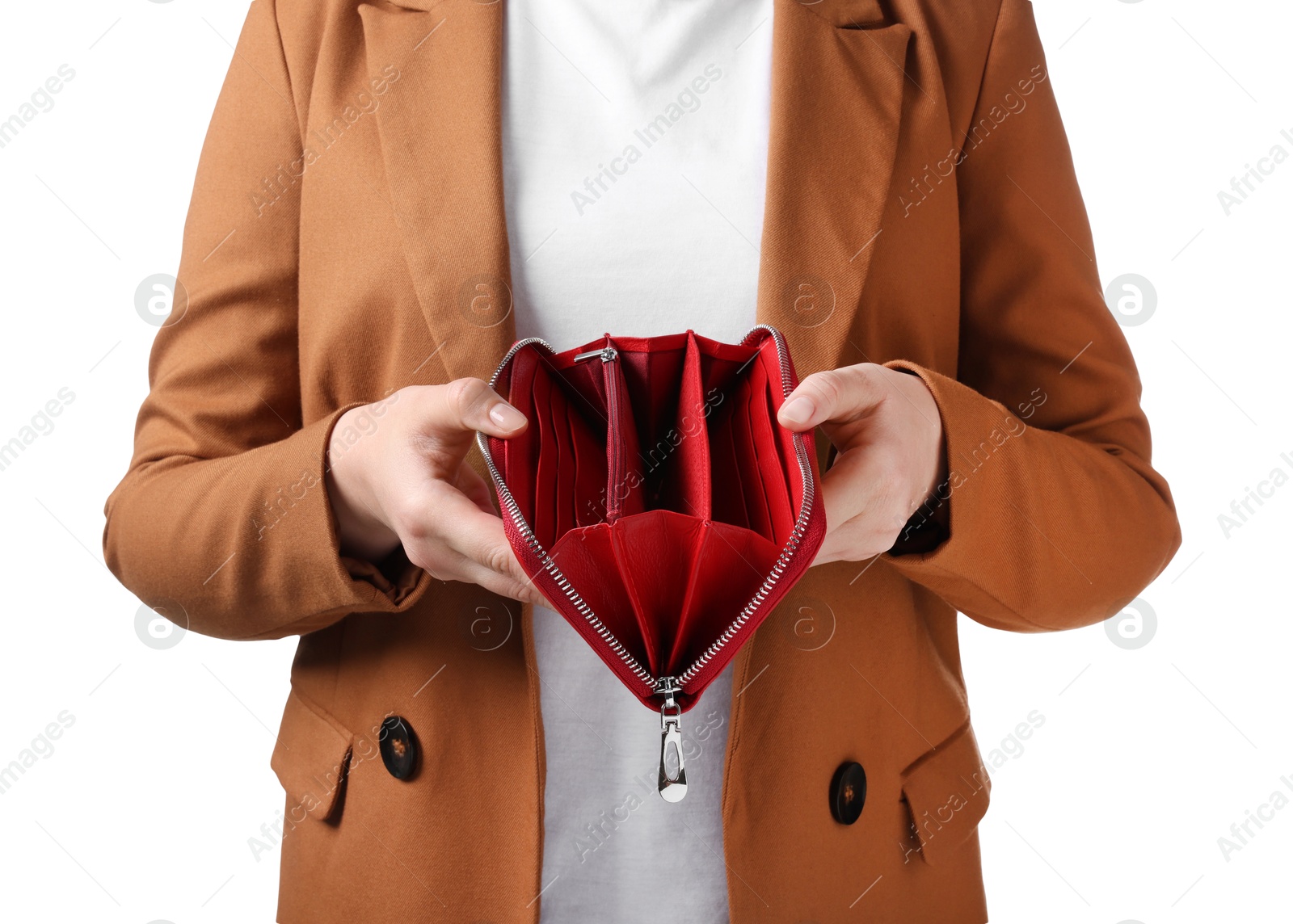 Photo of Woman with empty wallet on white background, closeup