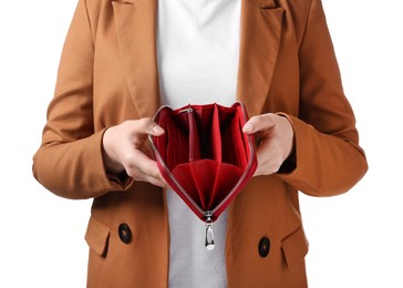 Photo of Woman with empty wallet on white background, closeup