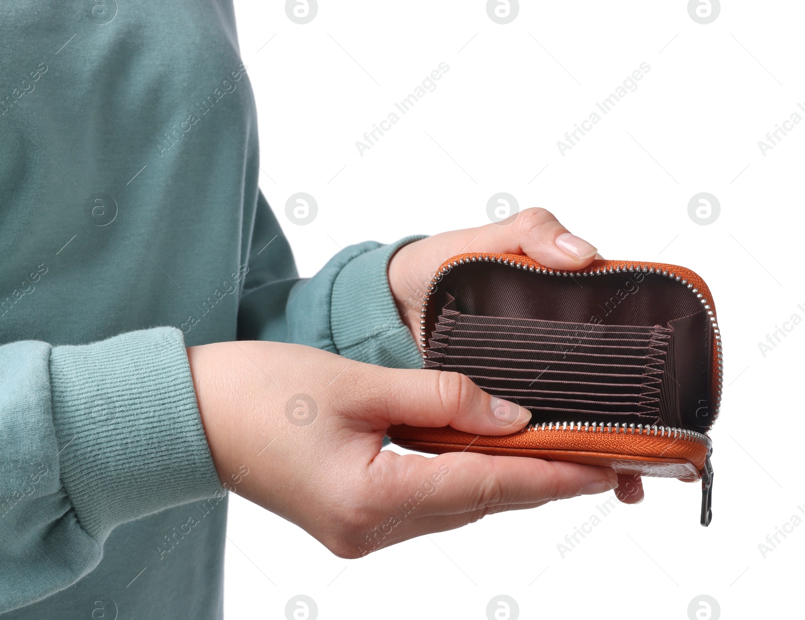 Photo of Woman with empty wallet on white background, closeup