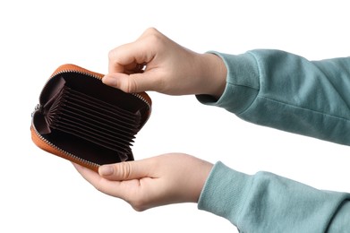 Photo of Woman with empty wallet on white background, closeup