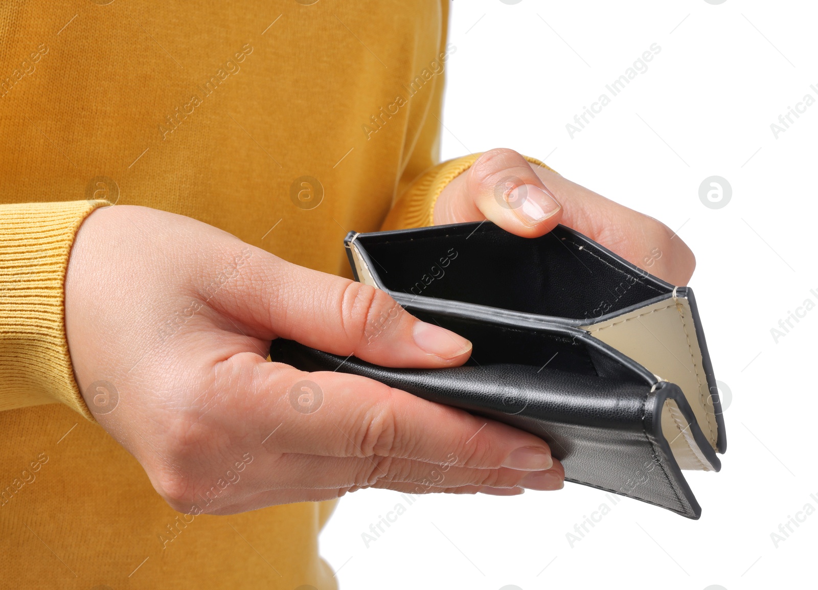 Photo of Woman with empty wallet on white background, closeup