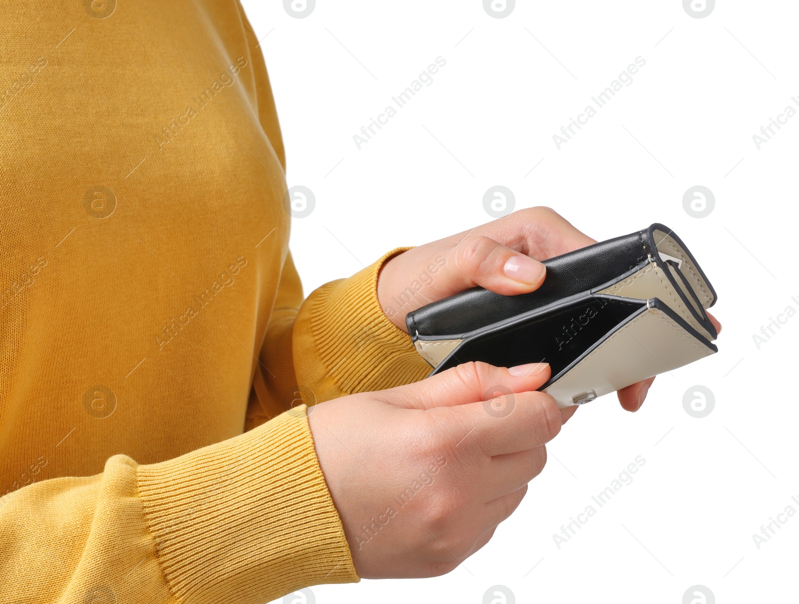 Photo of Woman with empty wallet on white background, closeup