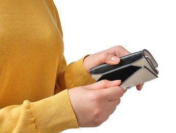 Photo of Woman with empty wallet on white background, closeup