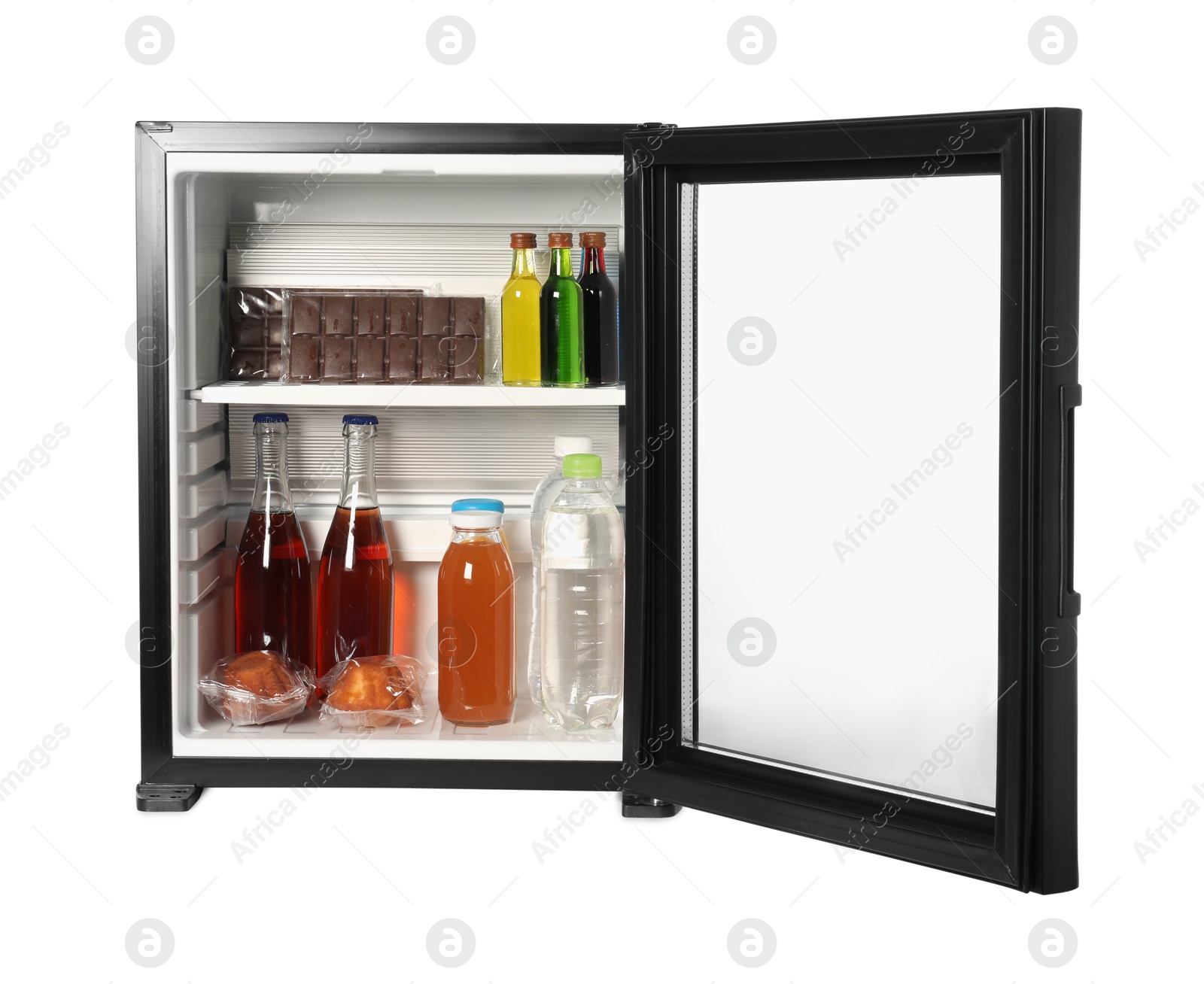 Photo of Mini refrigerator with drinks and snacks isolated on white