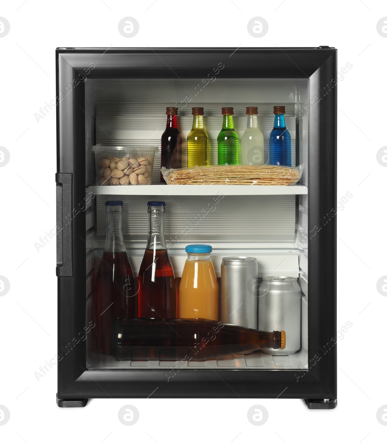 Photo of Mini refrigerator with drinks and snacks isolated on white