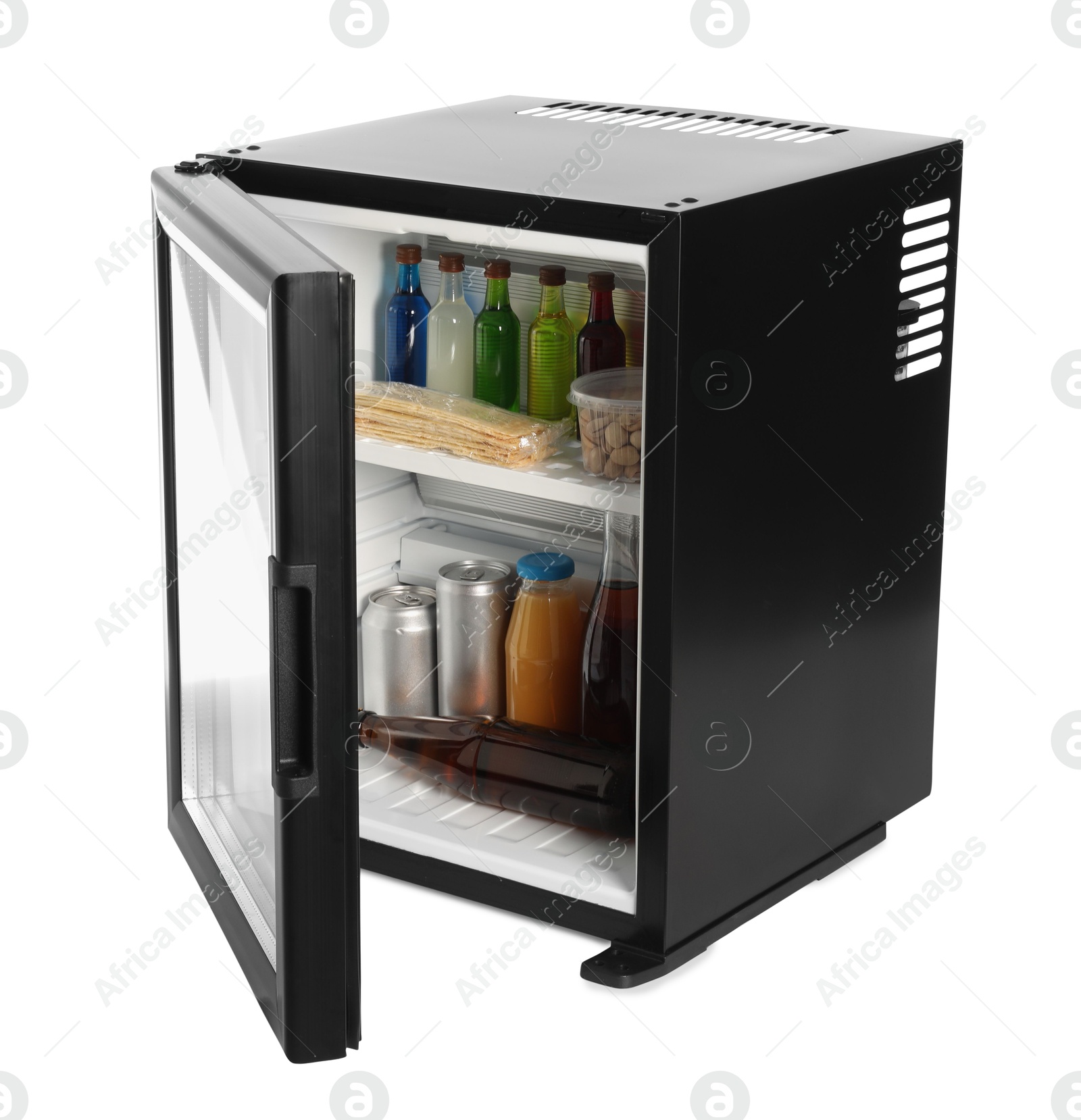 Photo of Mini refrigerator with drinks and snacks isolated on white