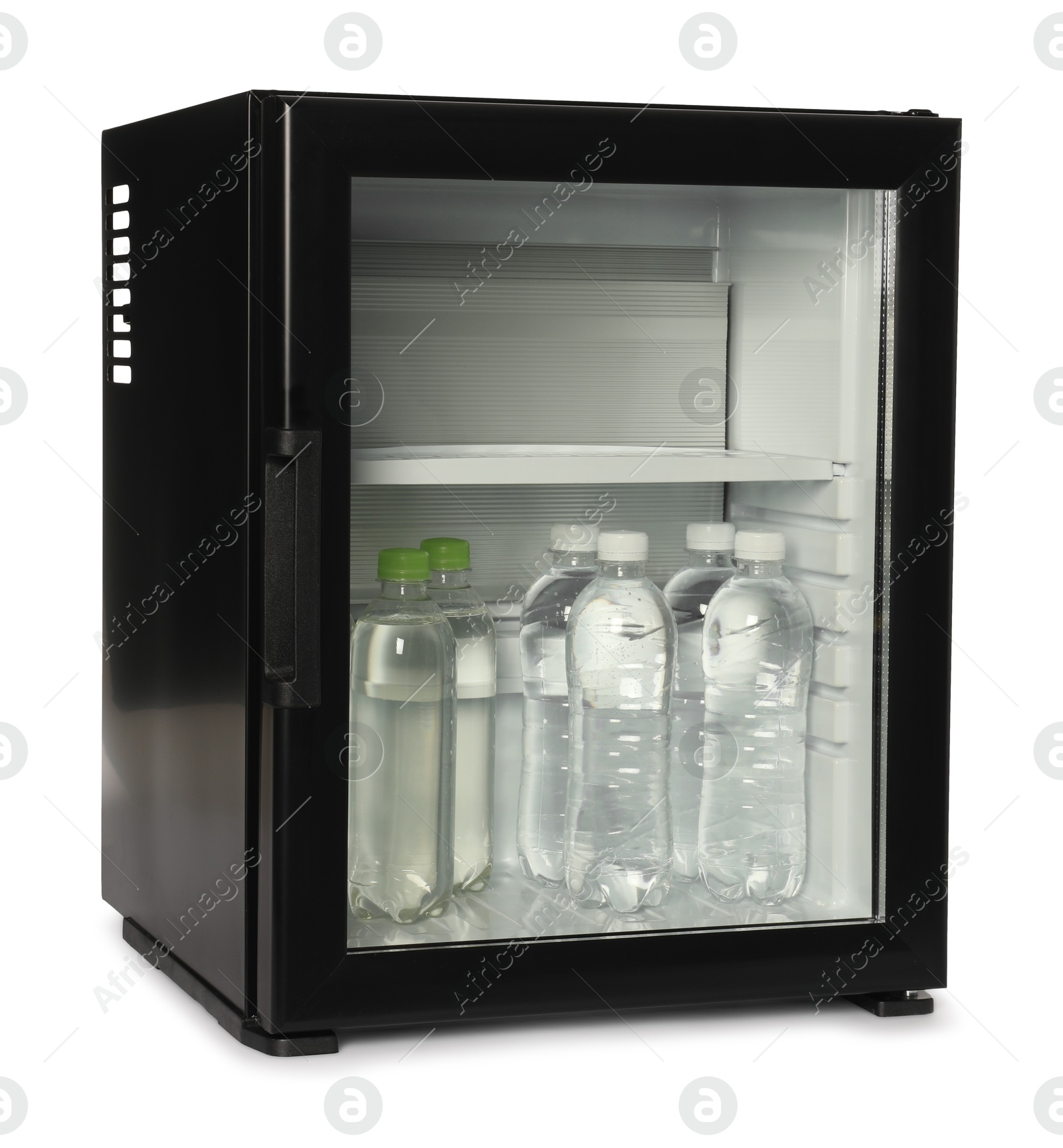 Photo of Mini refrigerator with drinks isolated on white