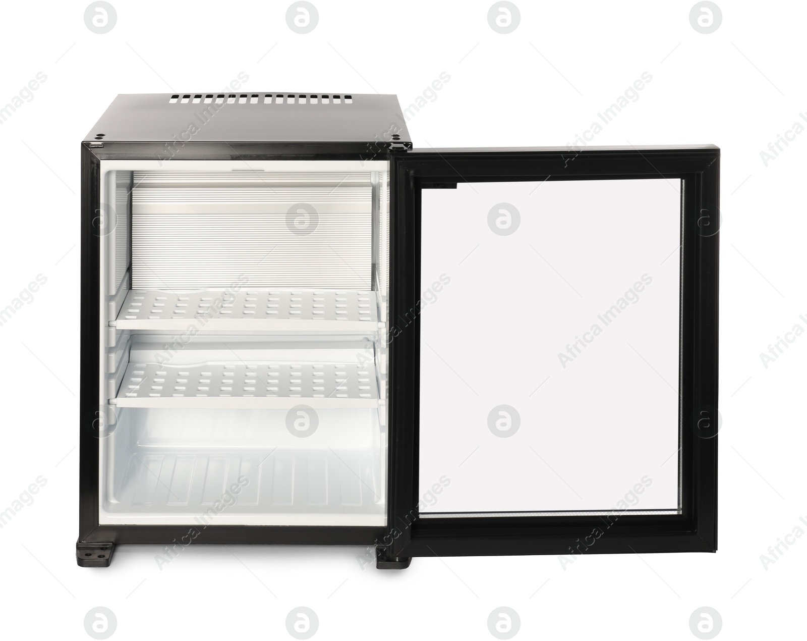 Photo of Empty modern mini refrigerator isolated on white