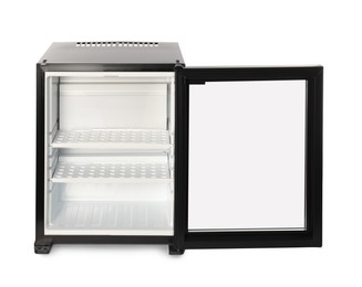 Empty modern mini refrigerator isolated on white