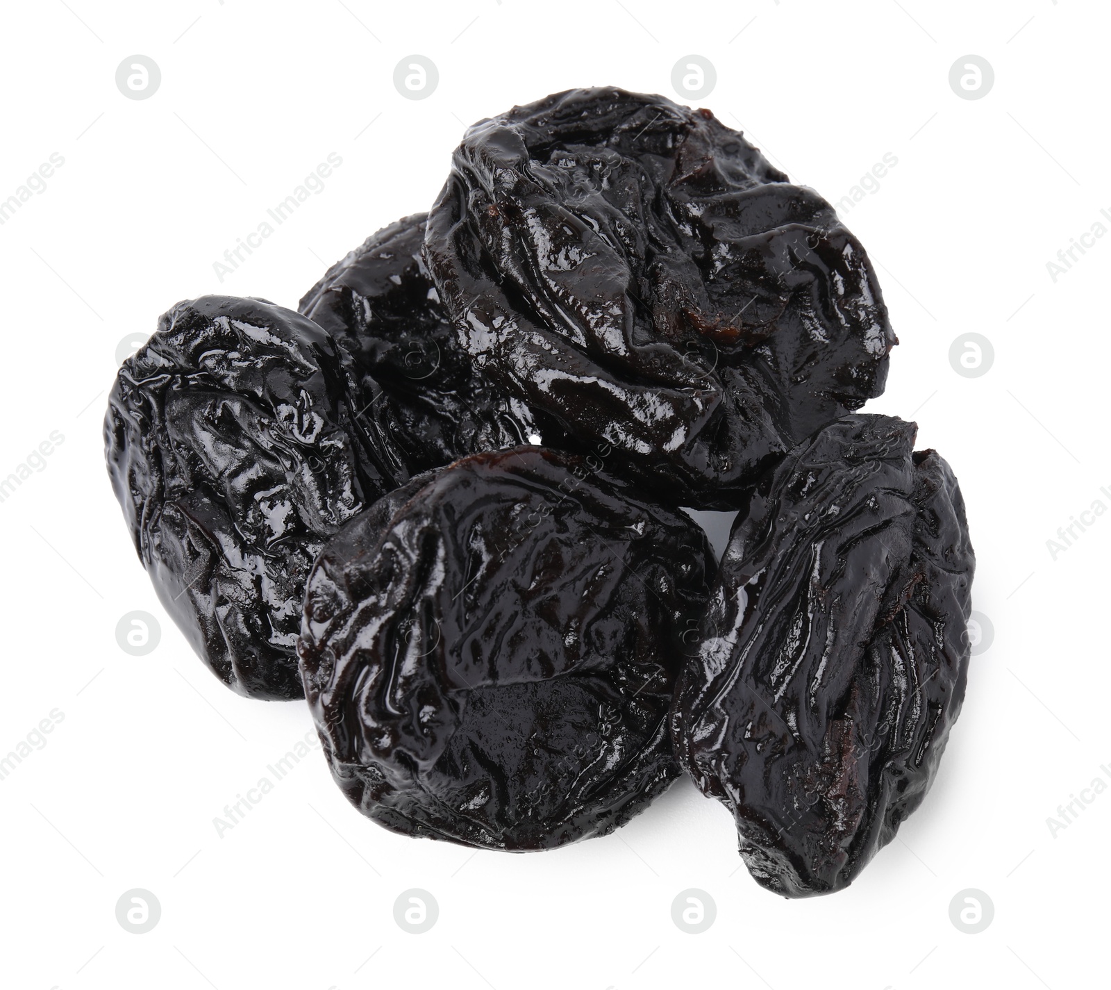 Photo of Tasty dried plums (prunes) isolated on white, top view