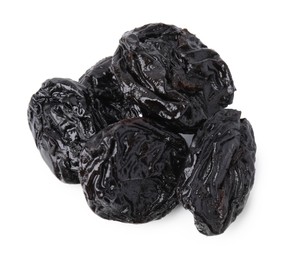 Photo of Tasty dried plums (prunes) isolated on white, top view