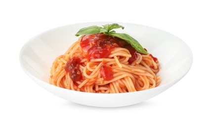 Photo of Delicious pasta with tomato sauce and basil in bowl isolated on white