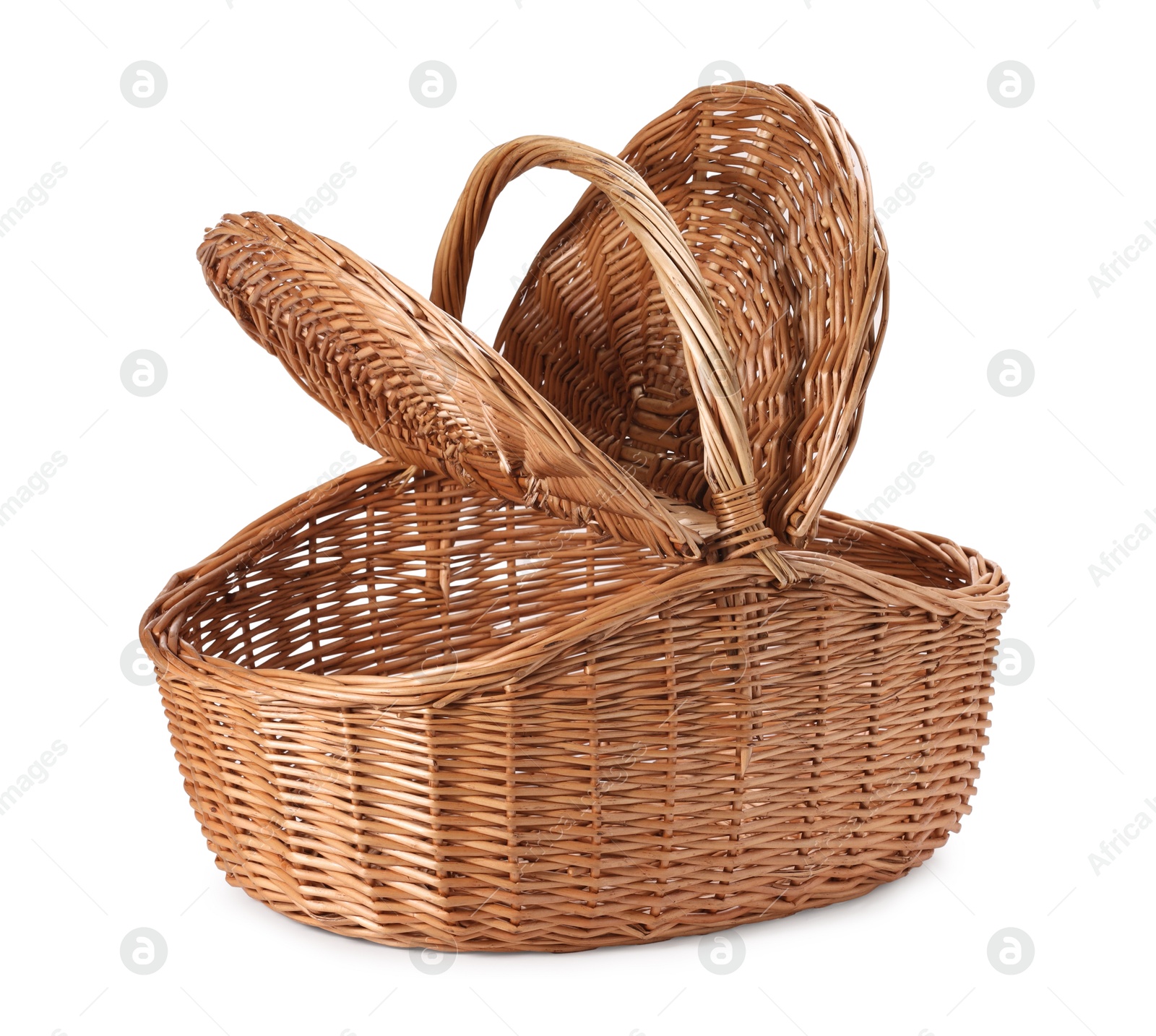 Photo of One picnic wicker basket with lids isolated on white