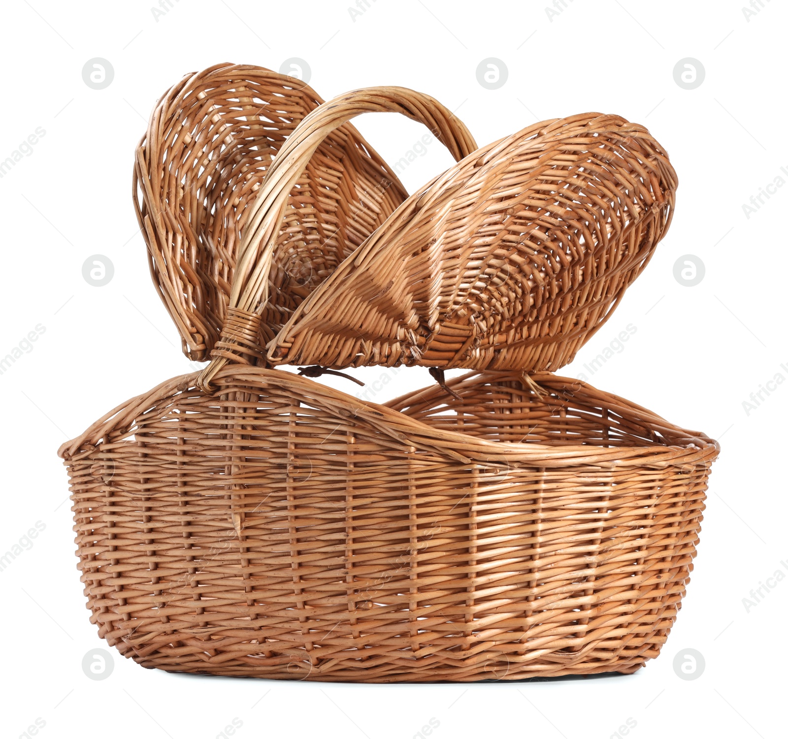 Photo of One picnic wicker basket with lids isolated on white