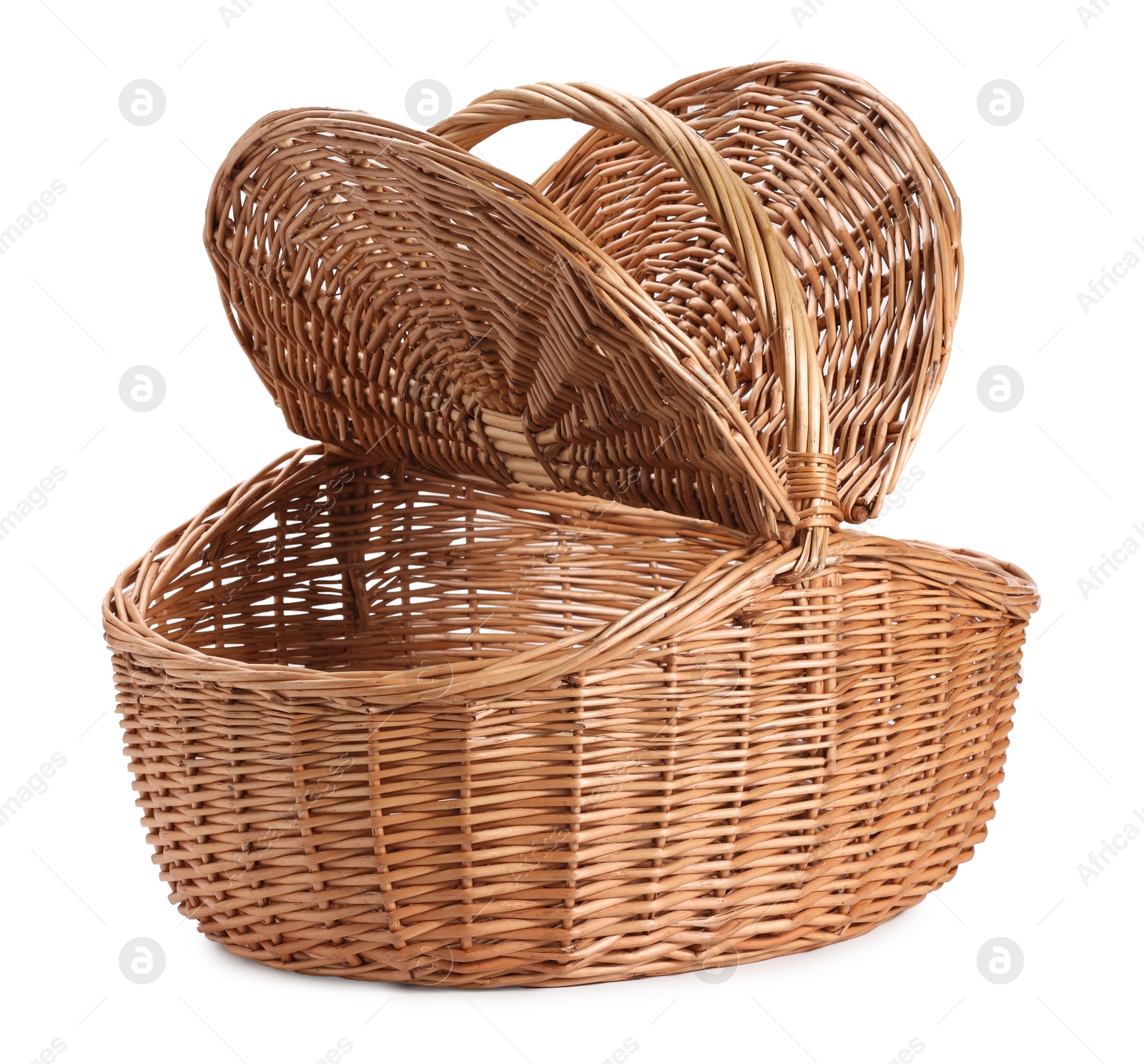 Photo of One picnic wicker basket with lids isolated on white