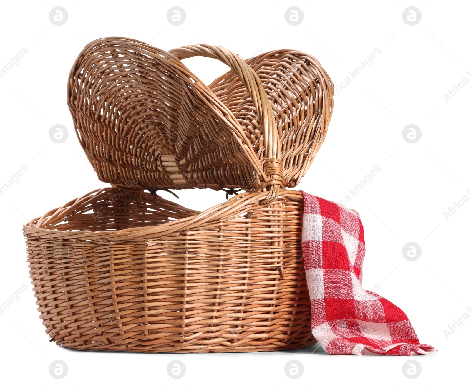 Photo of One picnic wicker basket with lids isolated on white