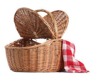 Photo of One picnic wicker basket with lids isolated on white