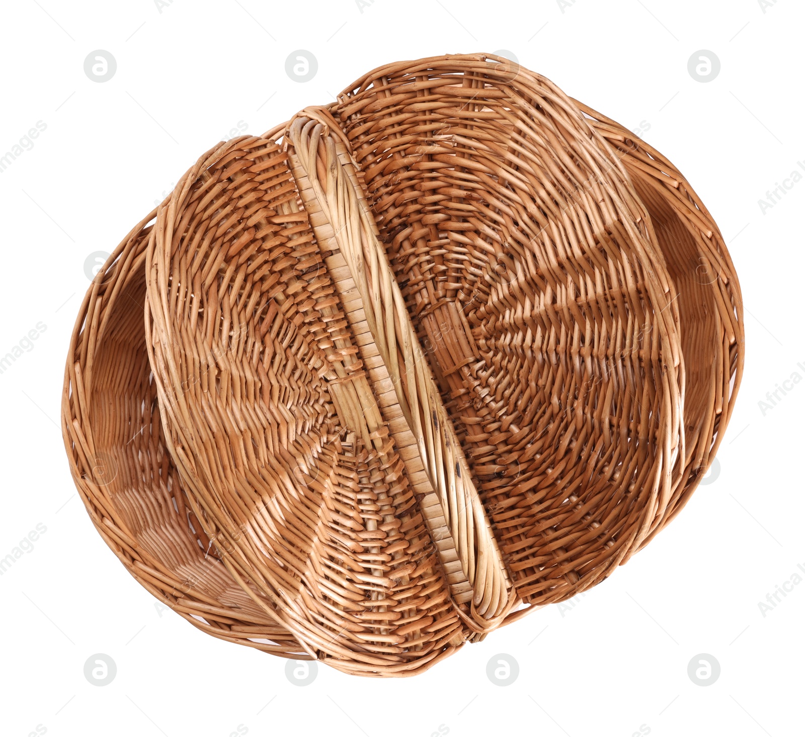 Photo of One picnic wicker basket with lids isolated on white, top view