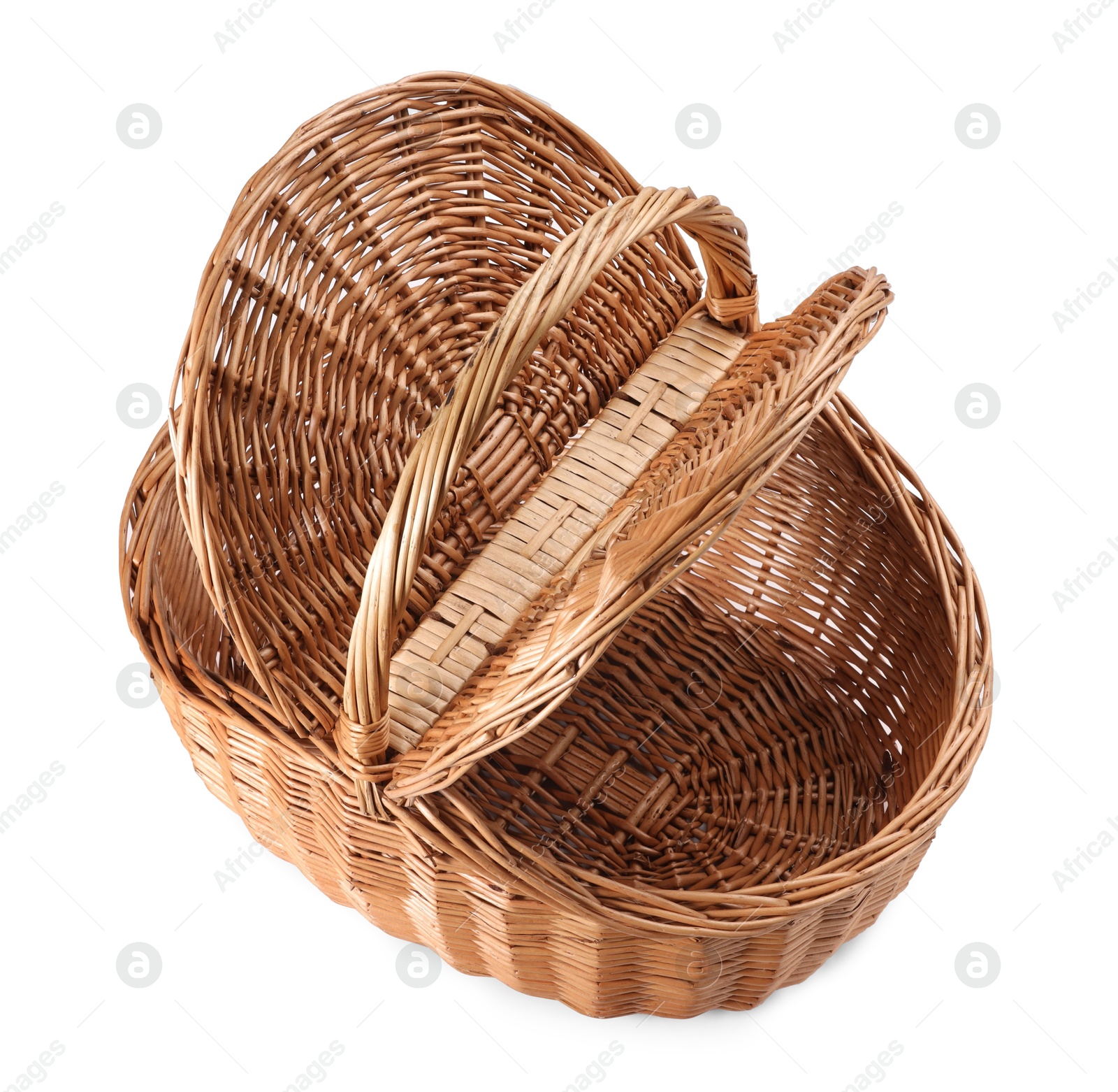 Photo of One picnic wicker basket with lids isolated on white