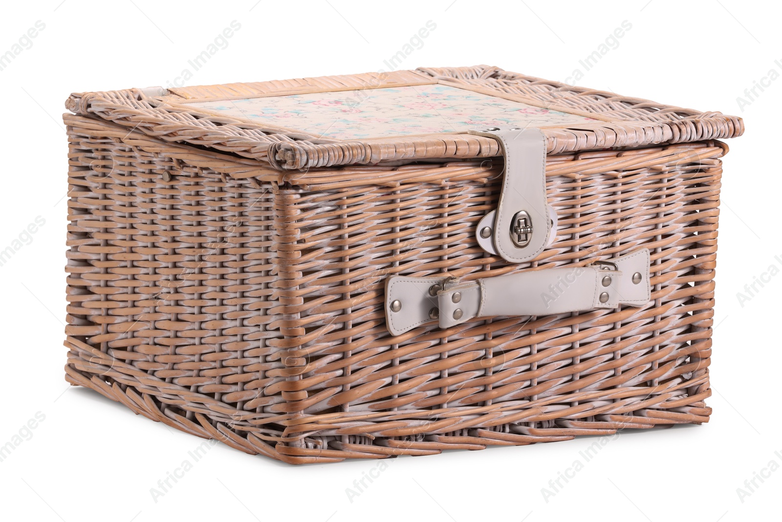 Photo of One picnic wicker basket isolated on white