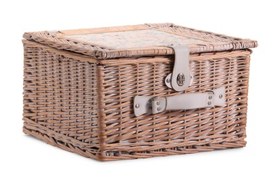 Photo of One picnic wicker basket isolated on white