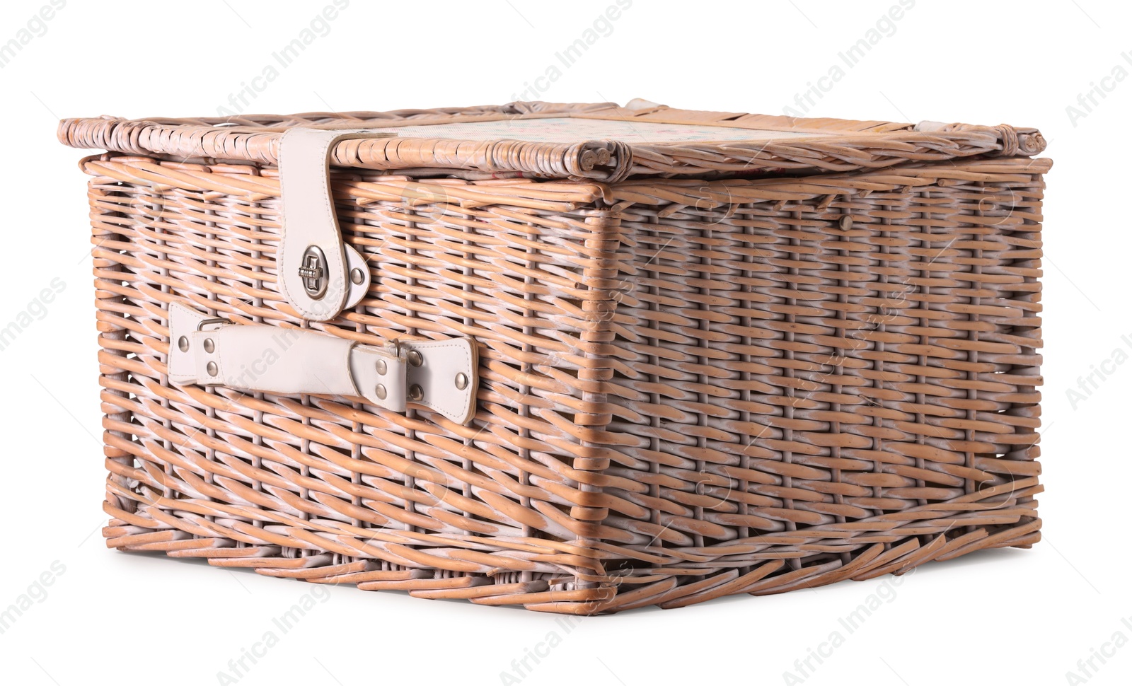 Photo of One picnic wicker basket isolated on white