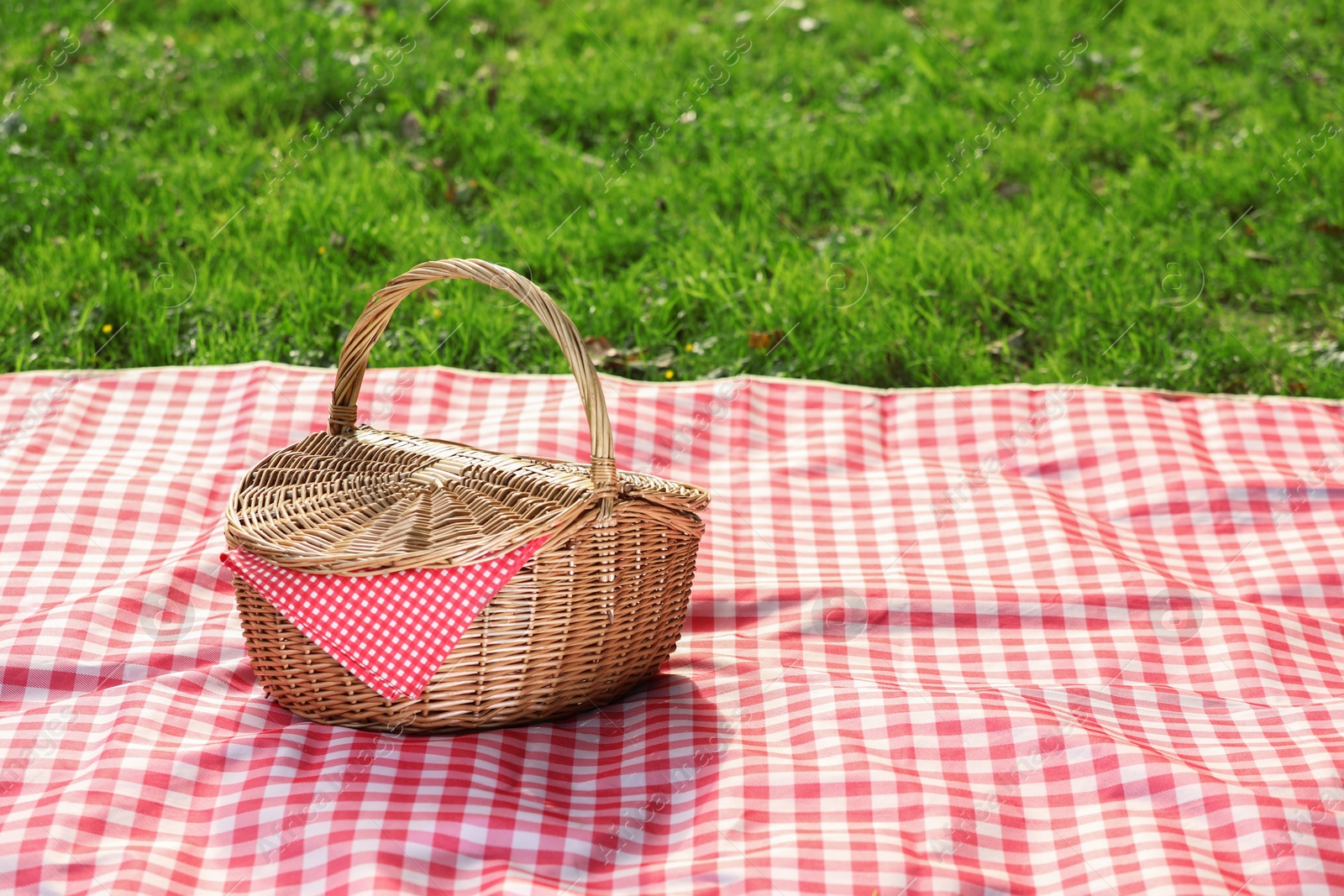 Photo of One picnic wicker basket with checkered napkin and blanket on green grass