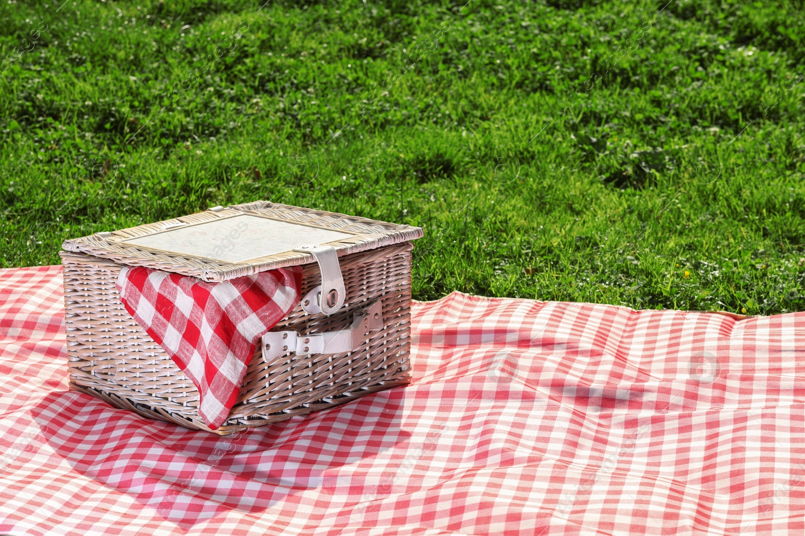 Photo of One picnic wicker basket with checkered napkin and blanket on green grass. Space for text