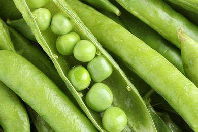 Photo of Many fresh green pods and peas as background, closeup