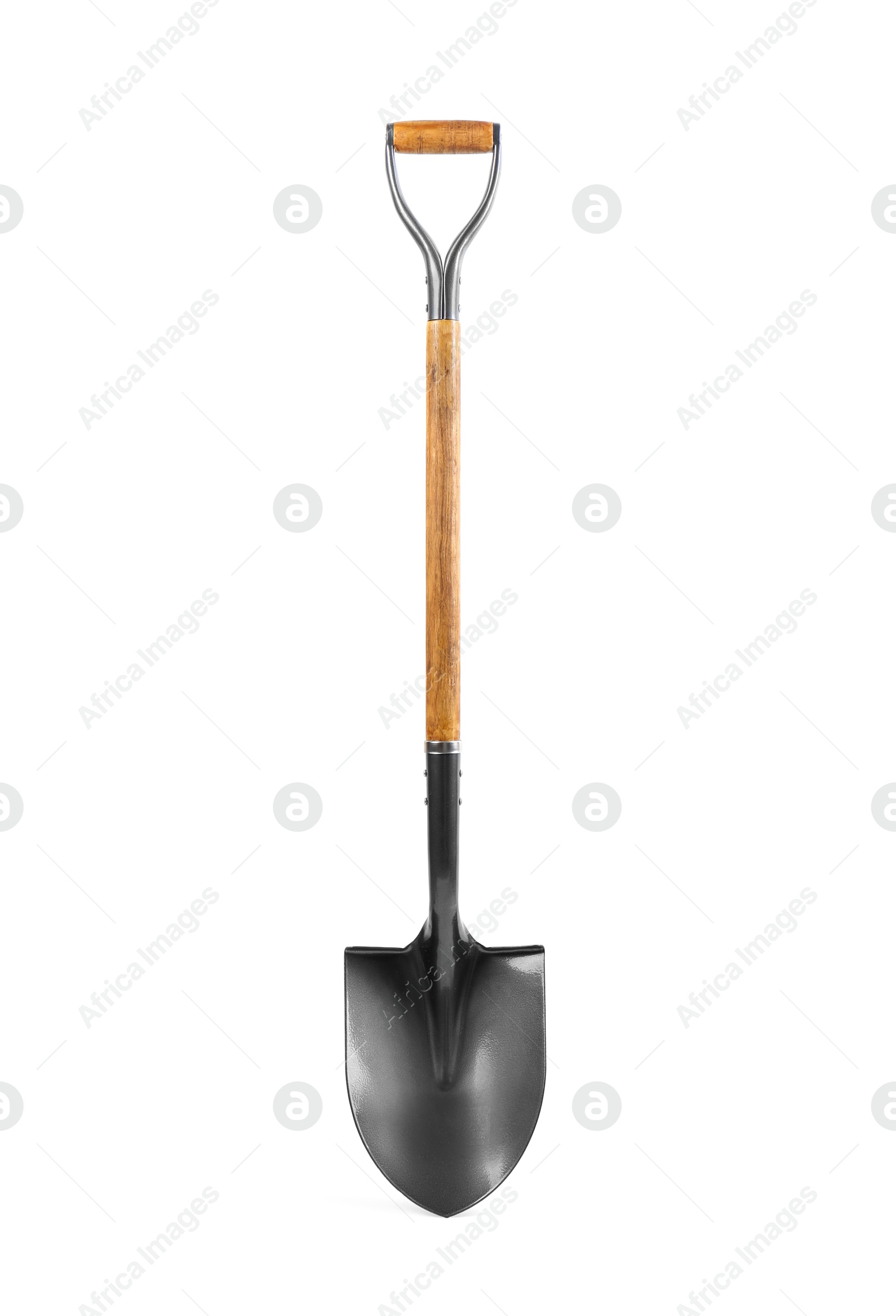 Photo of Metal shovel with wooden handle isolated on white