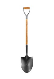 Photo of Metal shovel with wooden handle isolated on white