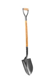 Photo of Metal shovel with wooden handle isolated on white