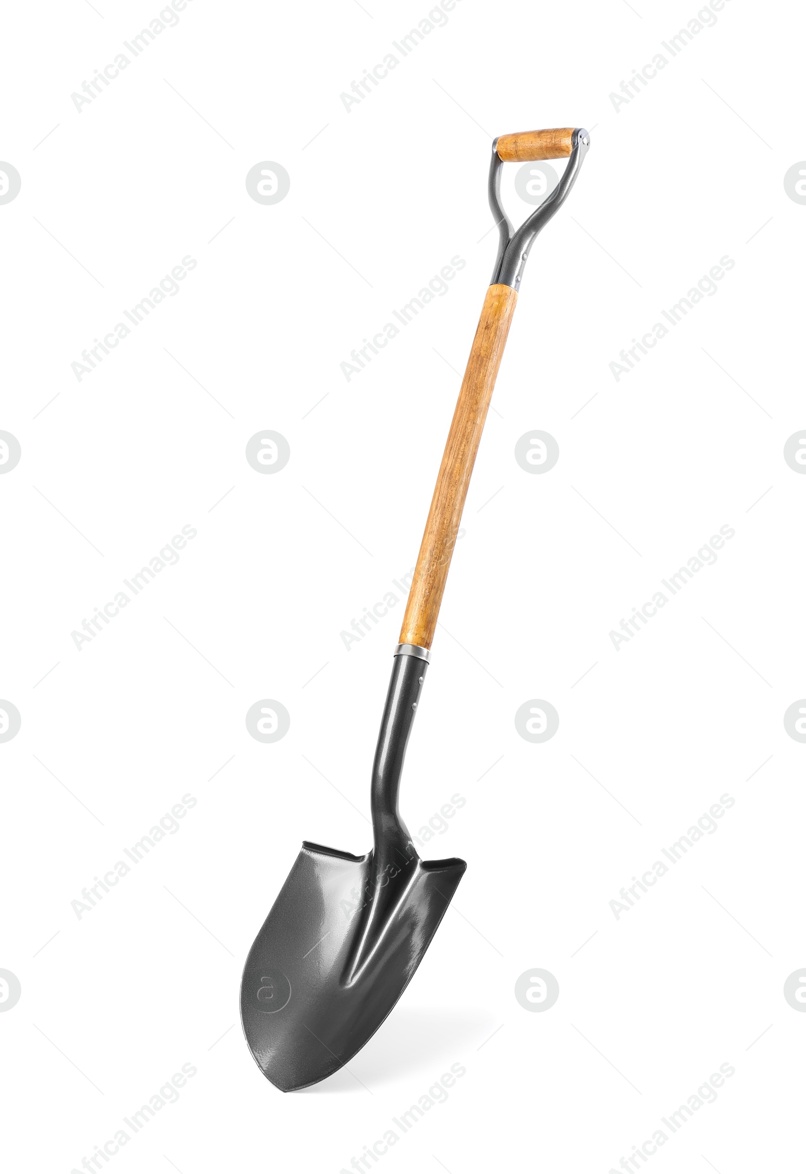 Photo of Metal shovel with wooden handle isolated on white