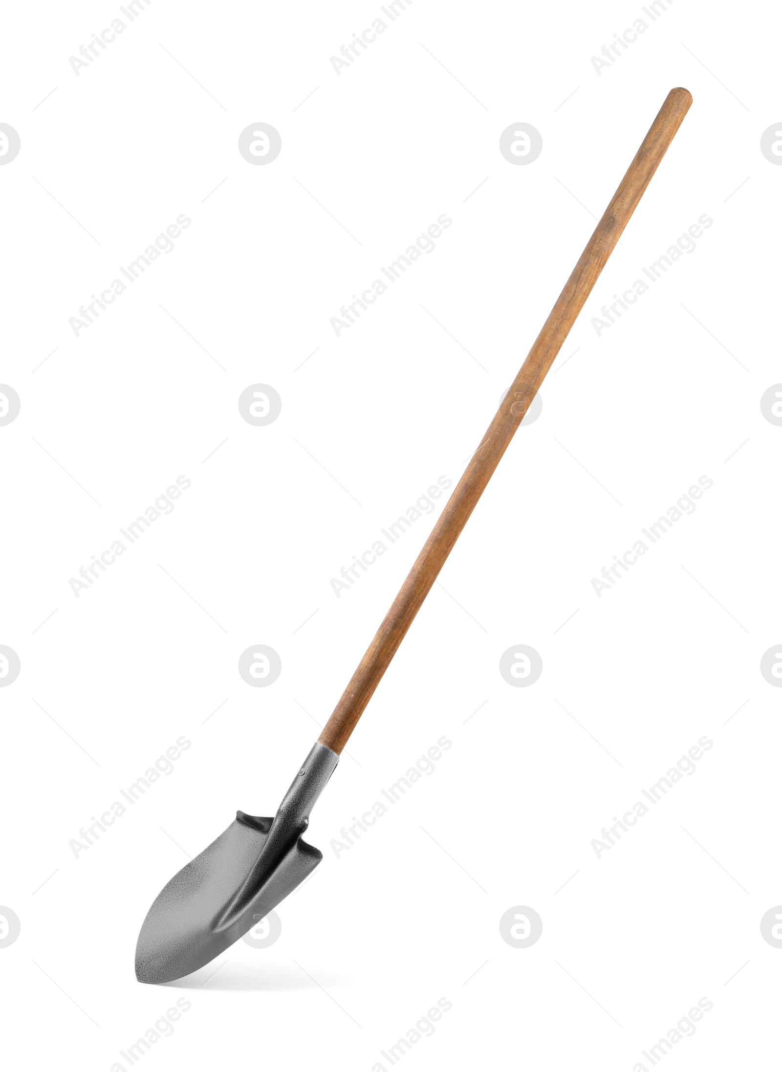 Photo of Metal shovel with wooden handle isolated on white