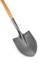 Photo of Metal shovel with wooden handle isolated on white, top view