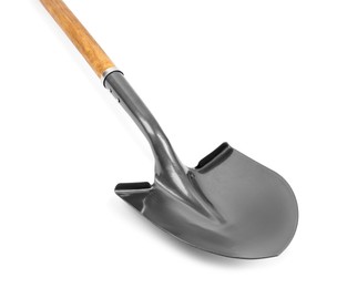 Photo of Metal shovel with wooden handle isolated on white