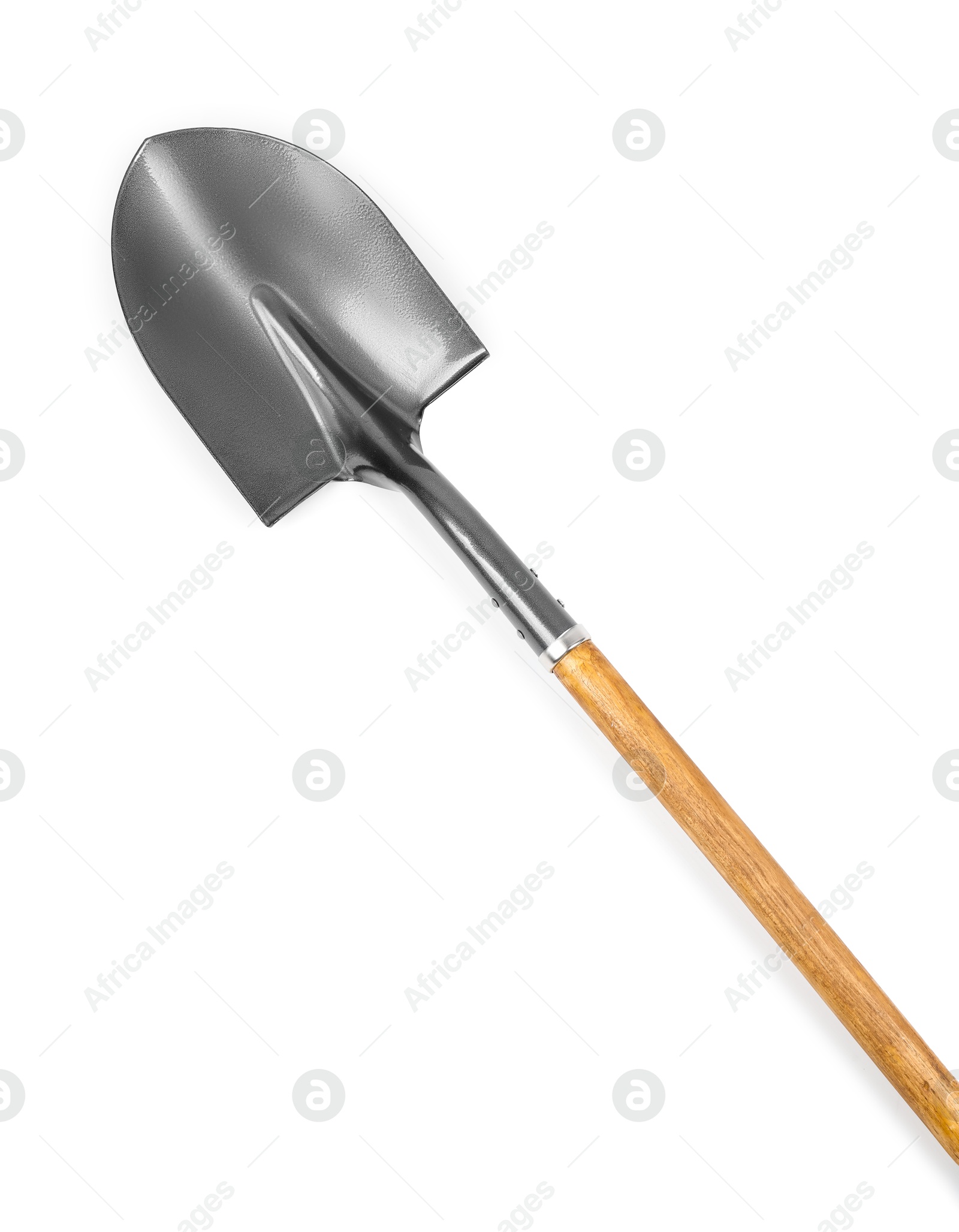 Photo of Metal shovel with wooden handle isolated on white, top view