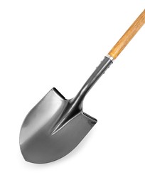 Photo of Metal shovel with wooden handle isolated on white, top view