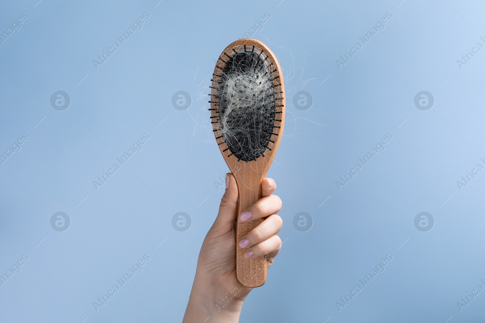 Photo of Woman holding brush with lost hair on light blue background, closeup