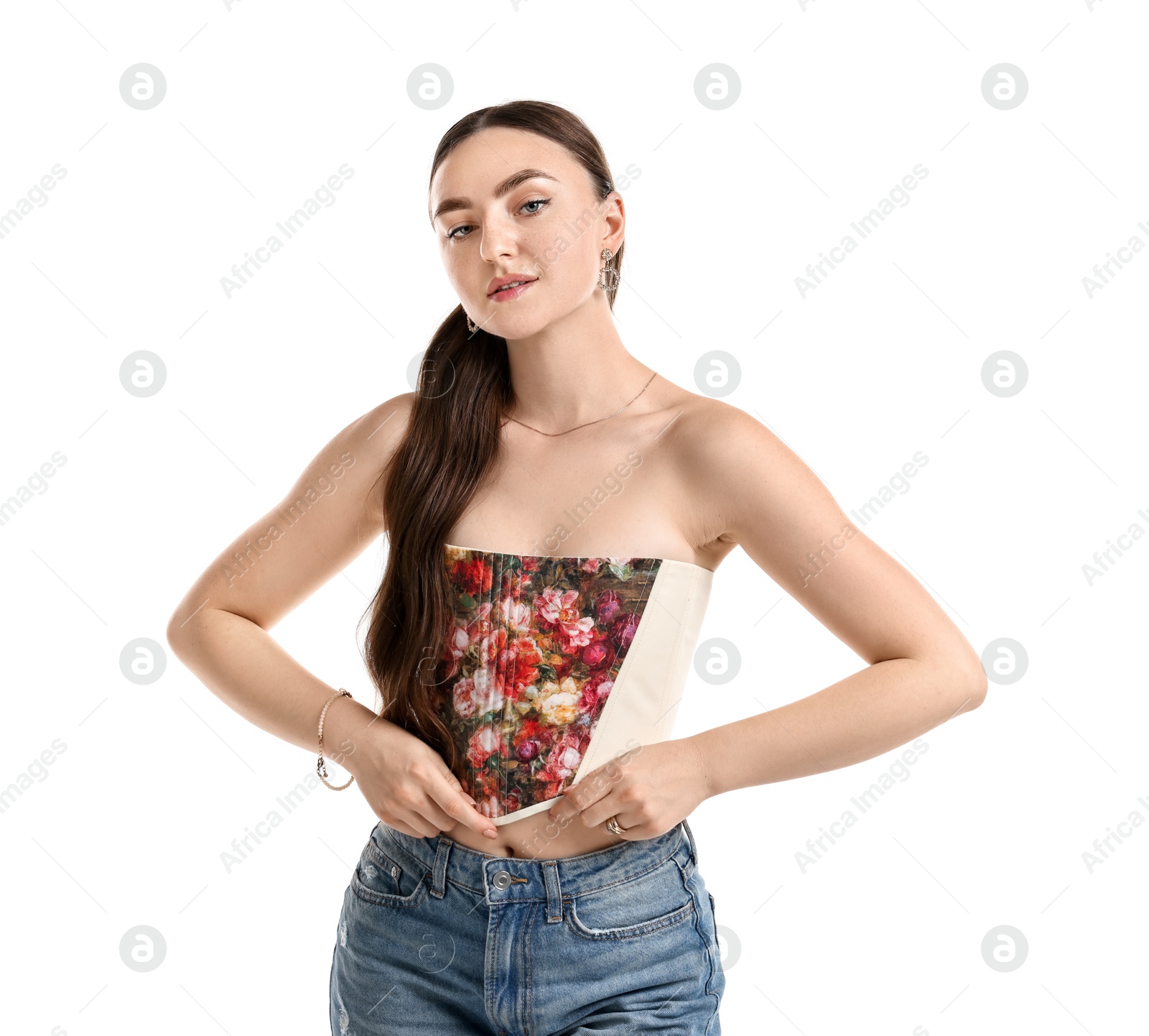 Photo of Beautiful woman in stylish corset on white background