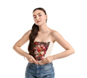 Beautiful woman in stylish corset on white background