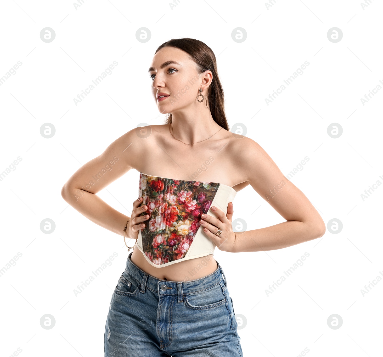 Photo of Beautiful woman in stylish corset on white background