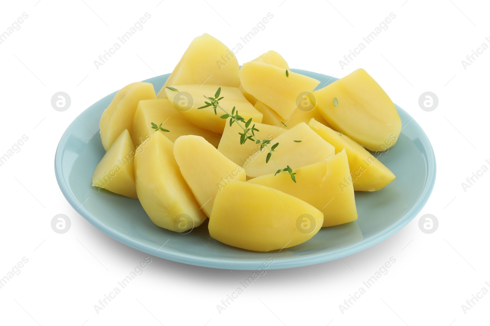 Photo of Boiled potatoes and microgreens isolated on white