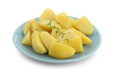 Photo of Boiled potatoes and microgreens isolated on white