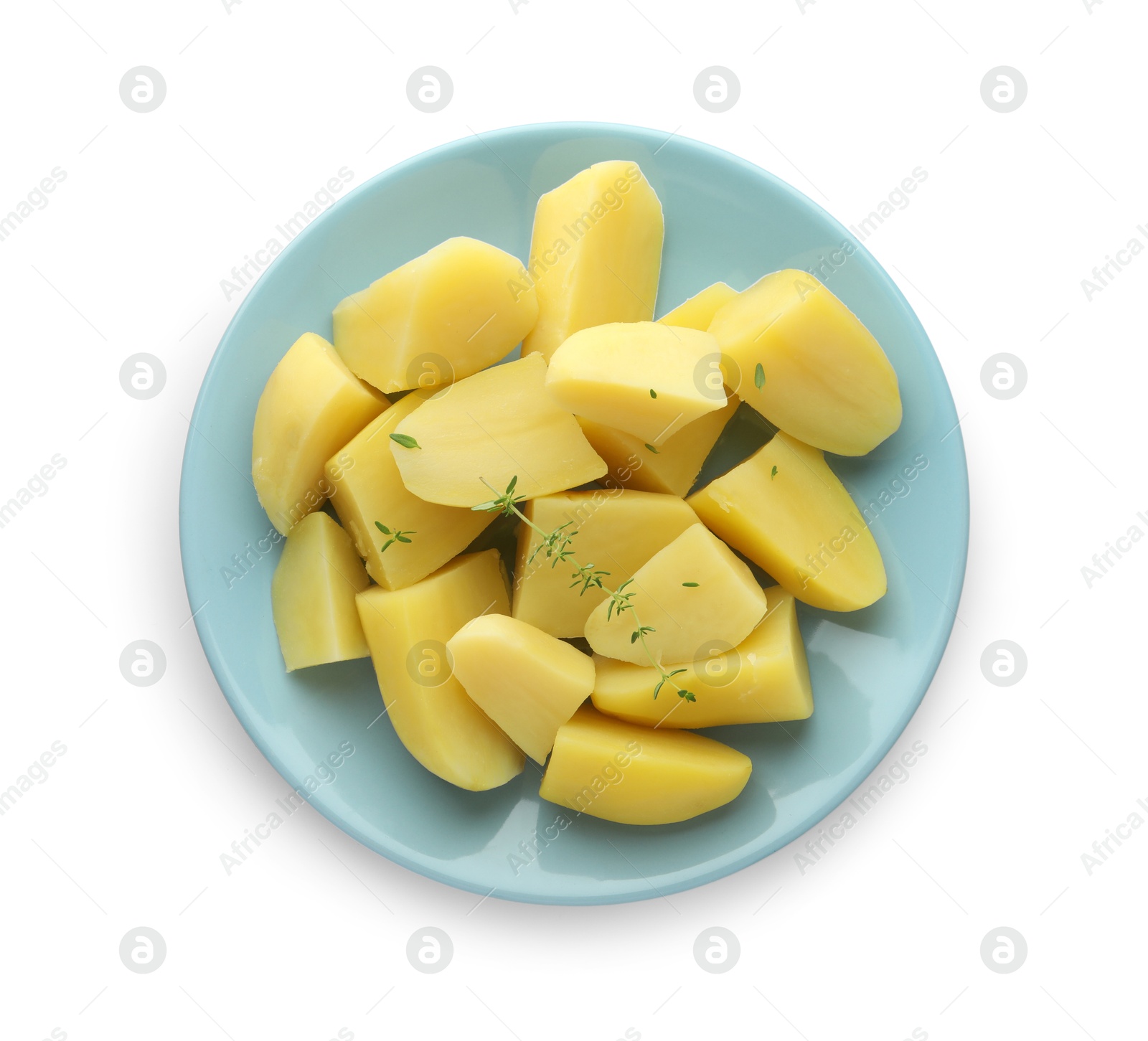 Photo of Boiled potatoes and microgreens isolated on white, top view