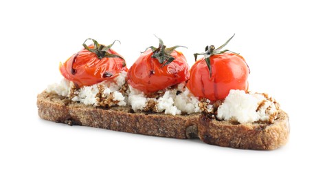 Photo of Delicious ricotta bruschetta with sun dried tomatoes and sauce isolated on white