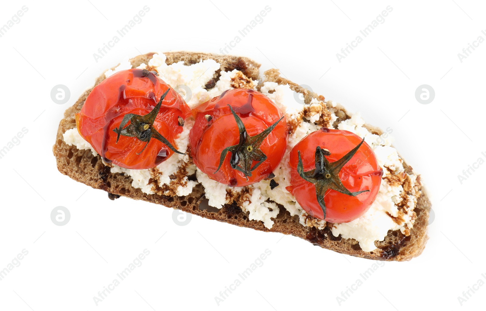 Photo of Delicious ricotta bruschetta with sun dried tomatoes and sauce isolated on white, top view